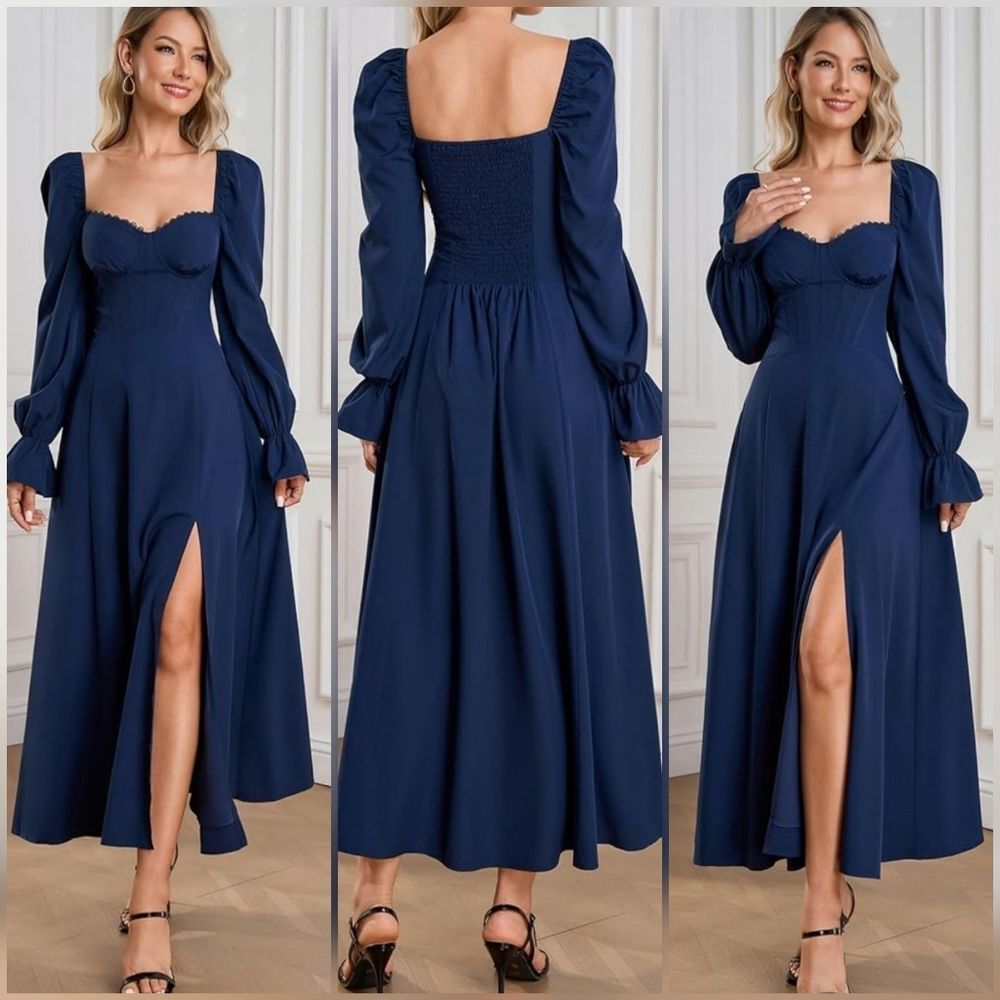 ☔️🩵⏭️NWT Blue Sweetheart Neck Long Sleeve Dress Medium - Picture 2 of 16